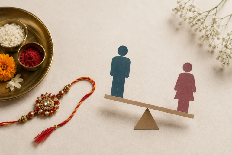 Raksha Bandhan puja thali and rakhi beside paper cutouts of a man and woman on a tilted seesaw, symbolising gender inequality.