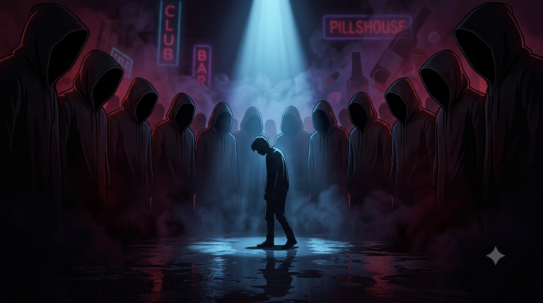 Editorial feature banner illustration for Euphoria 2026 post depicting a youth trapped in a circle of faceless figures, symbolizing societal judgment and systemic pressure.