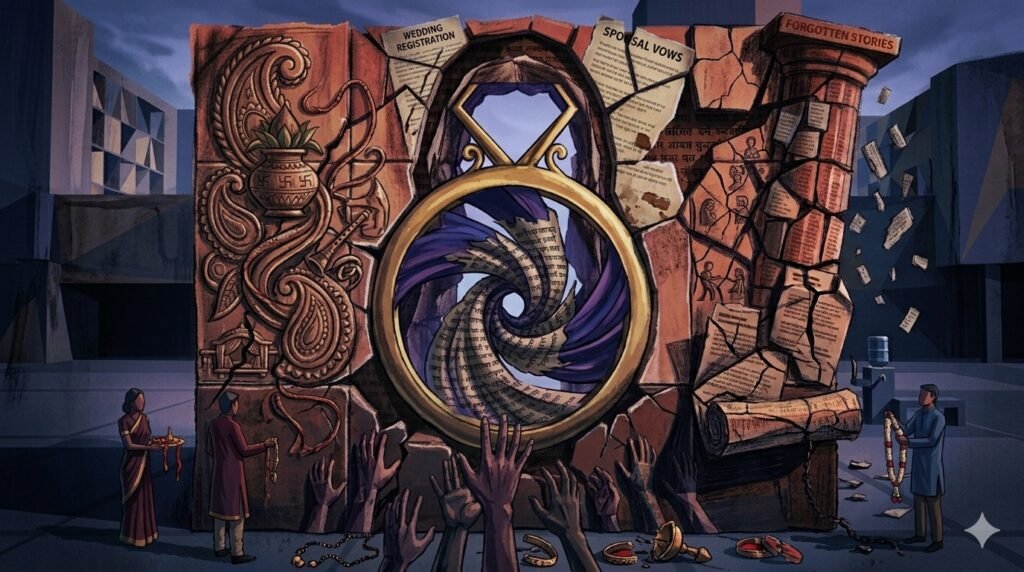 Illustration for an article on marriage: a large wedding ring forming a vortex amid cracked walls, newspaper clippings, and raised hands.
